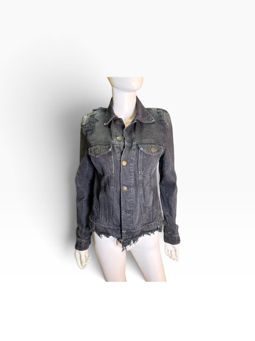 Retrofete Distressed Black Denim Jacket Frayed Hem & Ripped Detailing Womens S